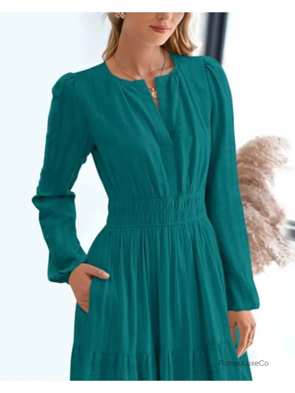 Womens Long Sleeve V Neck Maxi Dress Tiered Ruffle A Line with Pockets